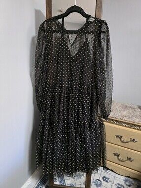 H&M Black Sheer Polka Dot Tiered Dress